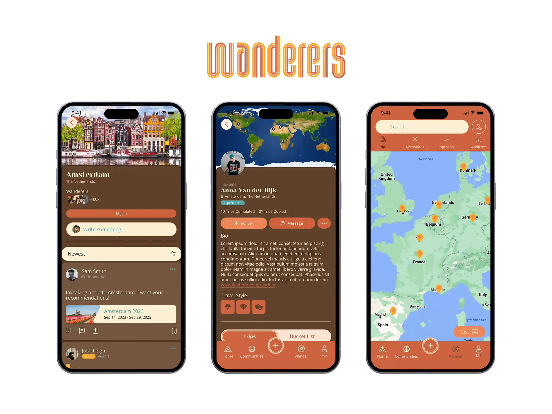 Wanderers app design showcasing travel app features